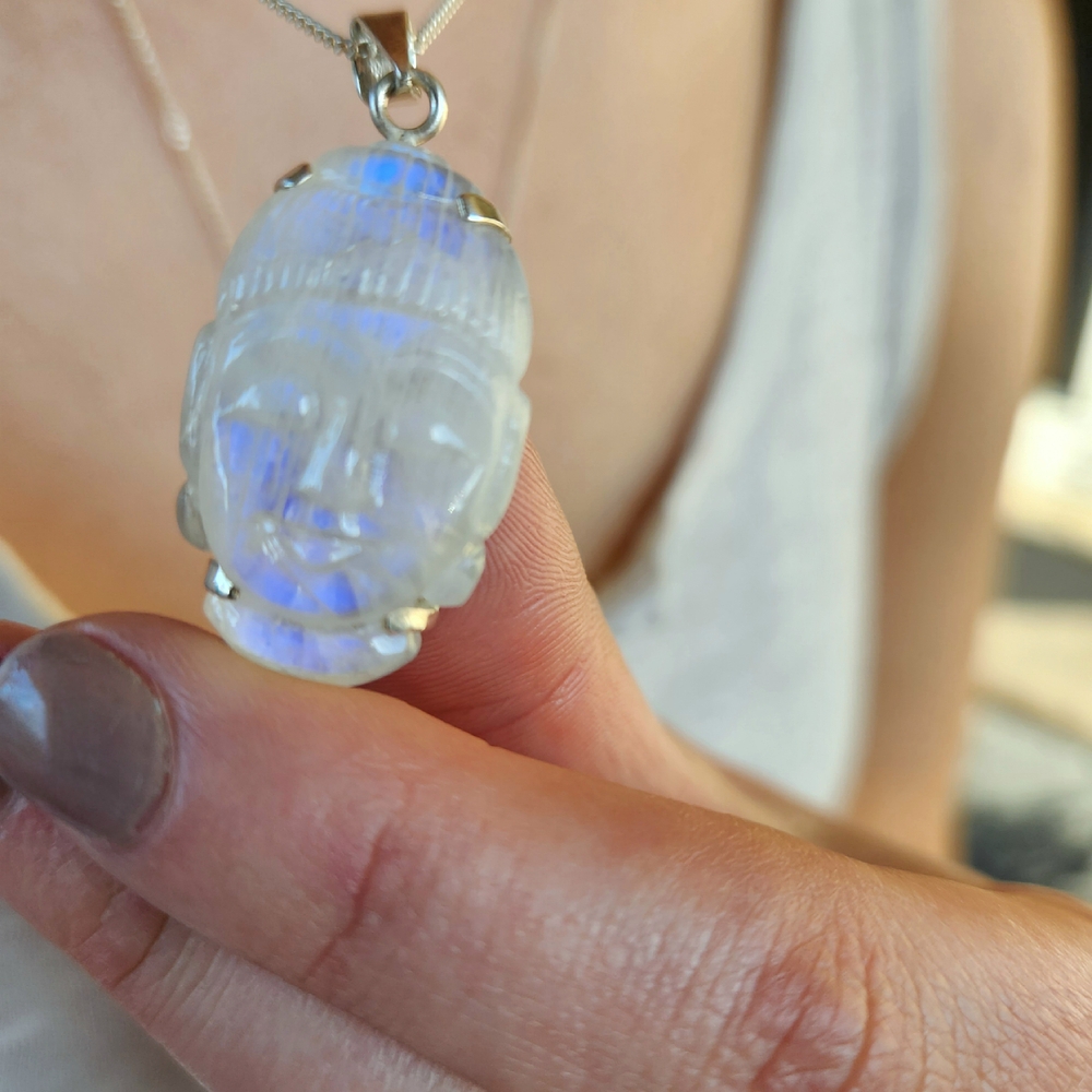 Handcarved Moonstone Tibetan Buddha Pendant & Necklace Sterling Silver